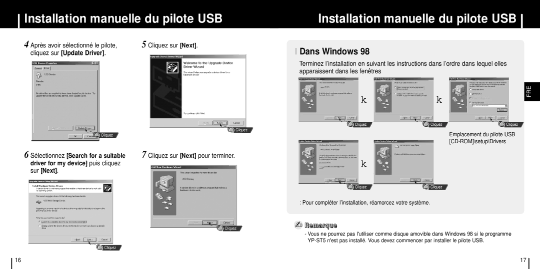 Samsung YP-ST5H/ELS, YP-ST5V/ELS, YP-ST5X/ELS, YP-ST5Z/ELS, YP-ST5X/XSJ manual Dans Windows, Cliquez sur Next pour terminer 