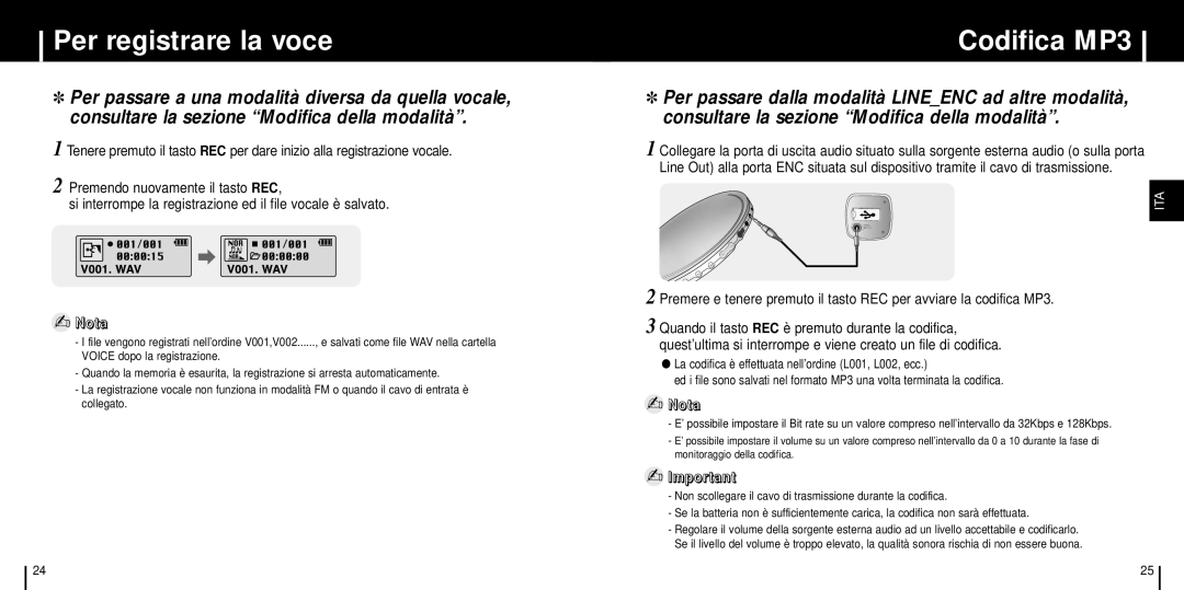 Samsung YP-ST5X/ELS, YP-ST5V/ELS, YP-ST5Z/ELS, YP-ST5X/XSP manual Per registrare la voce, Codifica MP3 