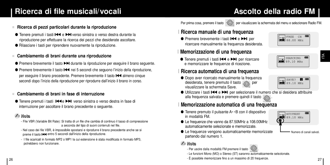 Samsung YP-ST5Z/ELS, YP-ST5V/ELS Ricerca di file musicali/vocali, Ascolto della radio FM, Ricerca manuale di una frequenza 