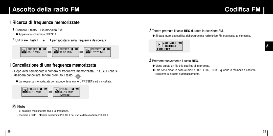 Samsung YP-ST5X/XSP, YP-ST5V/ELS Codifica FM, Ricerca di frequenze memorizzate, Cancellazione di una frequenza memorizzata 