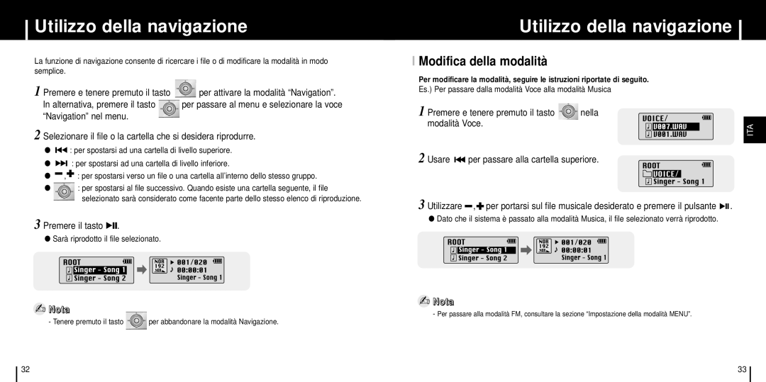 Samsung YP-ST5X/ELS, YP-ST5V/ELS manual Utilizzo della navigazione, Modifica della modalità, Alternativa, premere il tasto 