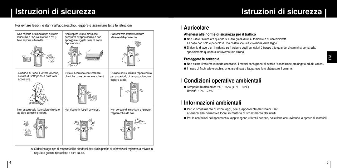 Samsung YP-ST5X/XSP manual Istruzioni di sicurezza, Auricolare, Condizioni operative ambientali, Informazioni ambientali 