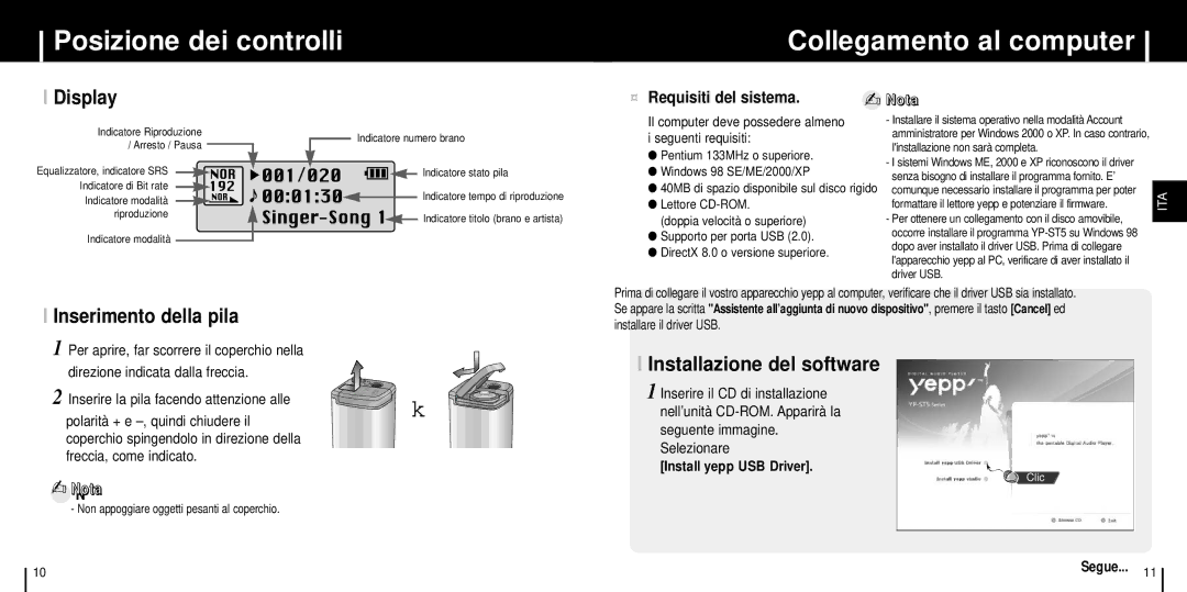 Samsung YP-ST5Z/ELS, YP-ST5V/ELS manual Posizione dei controlli Collegamento al computer, Display, Inserimento della pila 