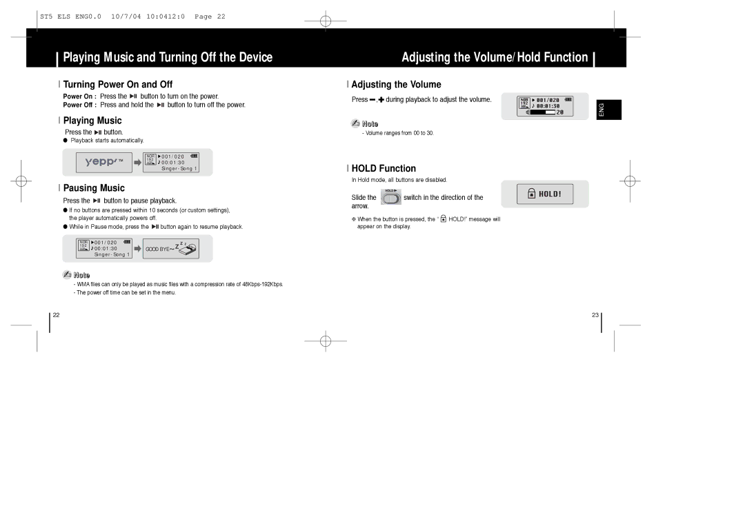 Samsung YP-ST5X/ELS manual Turning Power On and Off, Playing Music, Pausing Music, Adjusting the Volume, Hold Function 