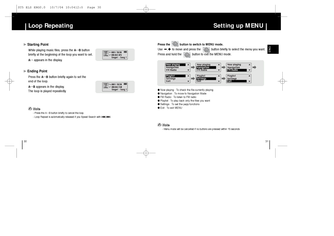 Samsung YP-ST5X/ELS, YP-ST5Z/ELS, YPT5V2/ELS, YP-ST5X/XSP Loop Repeating, Setting up Menu, Starting Point, Ending Point 