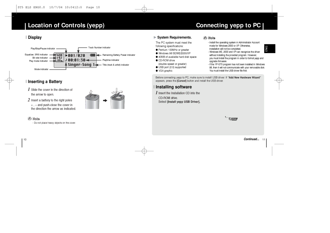 Samsung YPT5V2/ELS Location of Controls yepp Connecting yepp to PC, Display, Inserting a Battery, System Requirements 