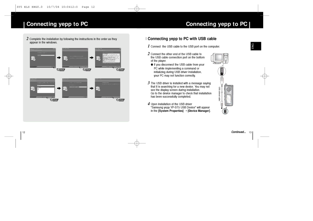 Samsung YP-ST5X/XSP, YP-ST5X/ELS, YP-ST5Z/ELS, YPT5V2/ELS manual Connecting yepp to PC with USB cable 