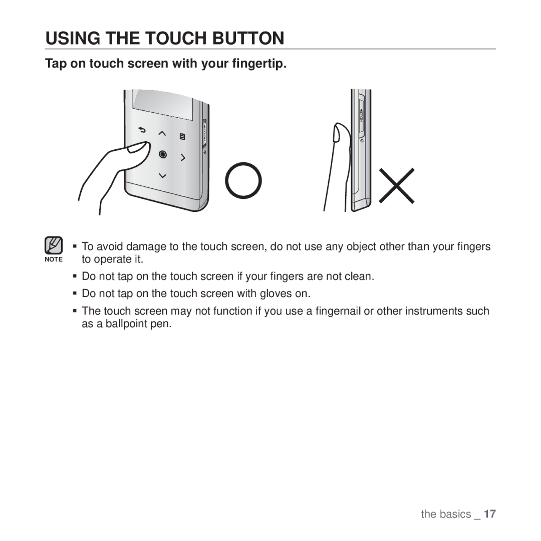 Samsung YP-T10 user manual Using the Touch Button, Tap on touch screen with your ﬁngertip 