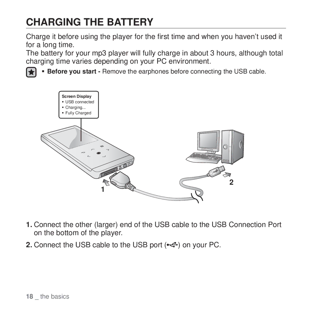 Samsung YP-T10 user manual Charging the Battery 