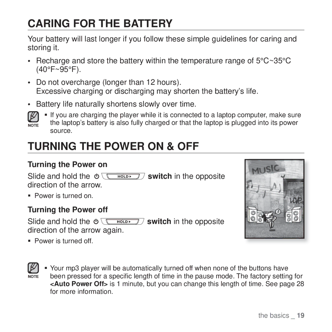 Samsung YP-T10 user manual Caring for the Battery, Turning the Power on & OFF, Turning the Power off 