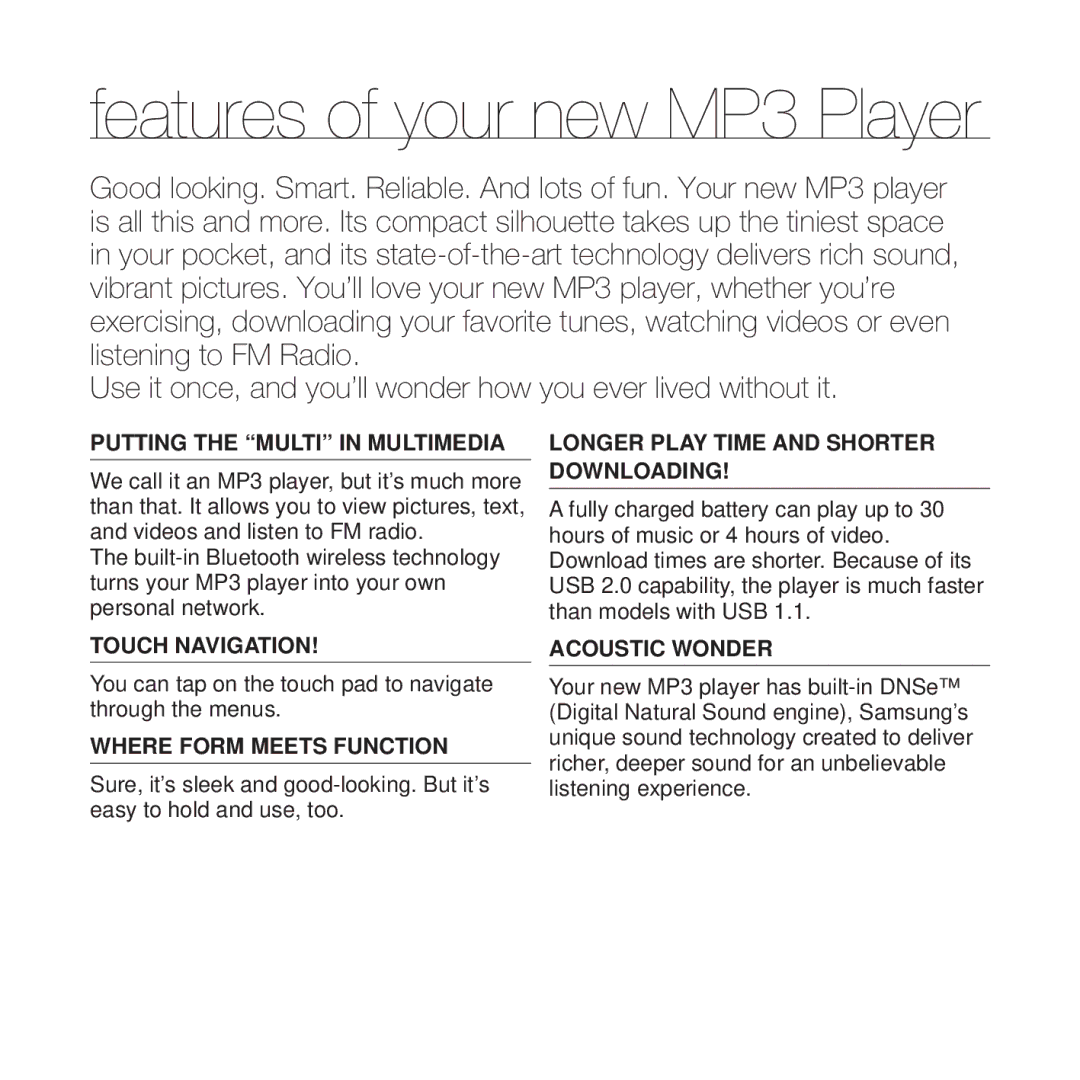 Samsung YP-T10 user manual Features of your new MP3 Player 