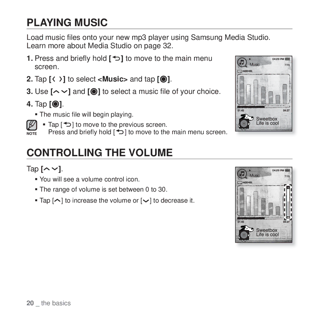 Samsung YP-T10 user manual Playing Music, Controlling the Volume, Tap 