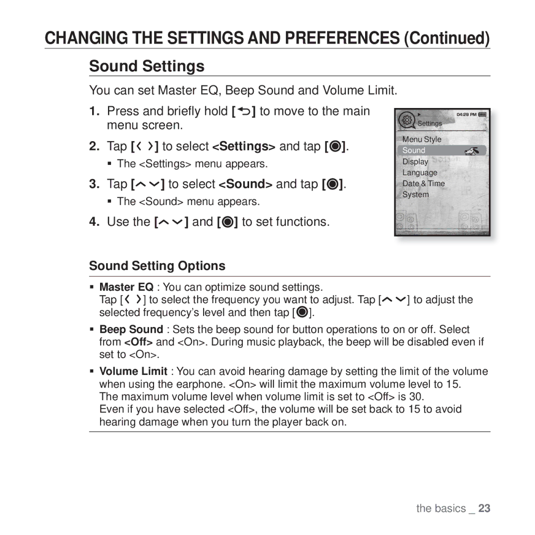 Samsung YP-T10 user manual Sound Settings, Tap to select Settings and tap, Tap To select Sound and tap 