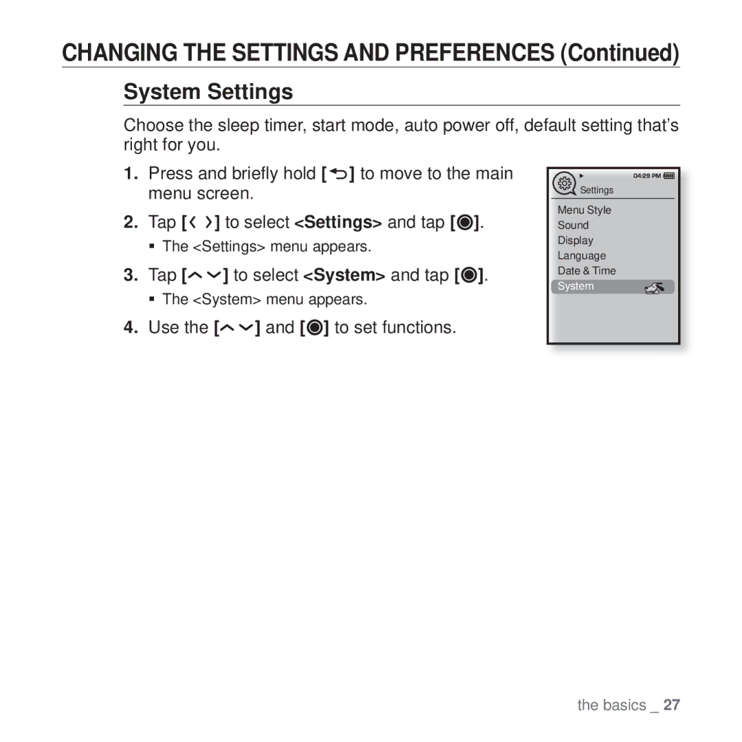 Samsung YP-T10 user manual System Settings, Tap to select System and tap 