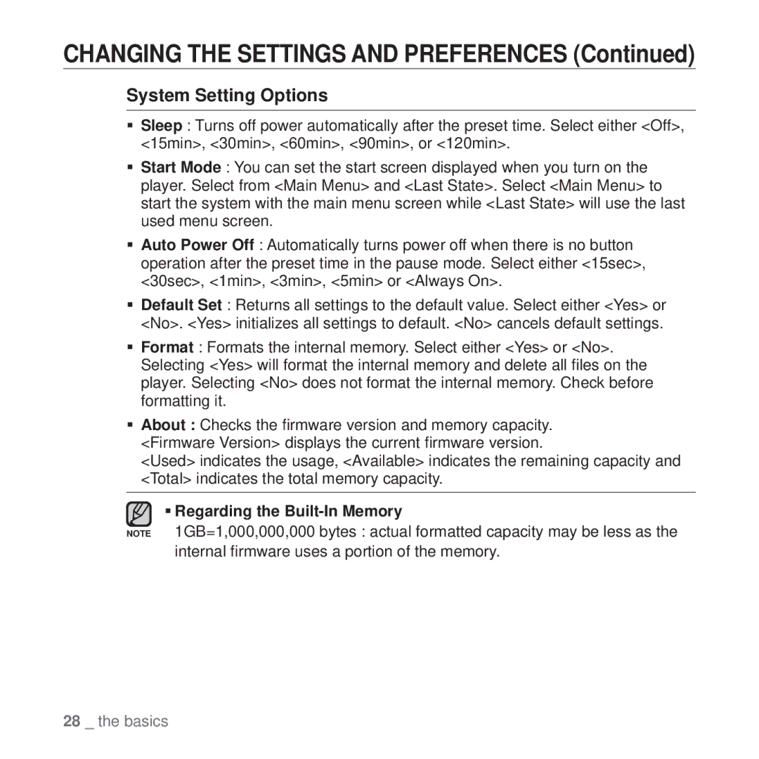 Samsung YP-T10 user manual System Setting Options 