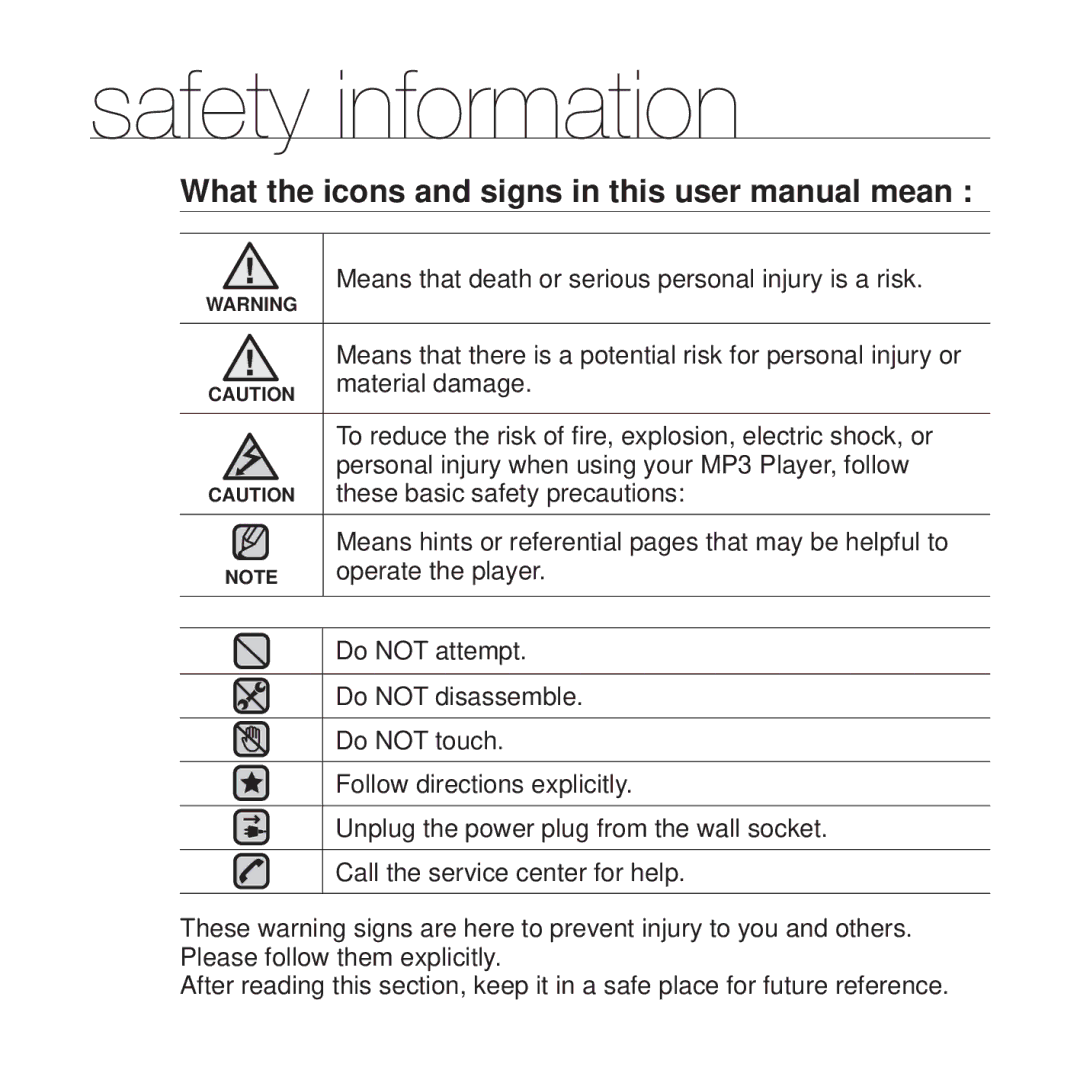 Samsung YP-T10 user manual Safety information 