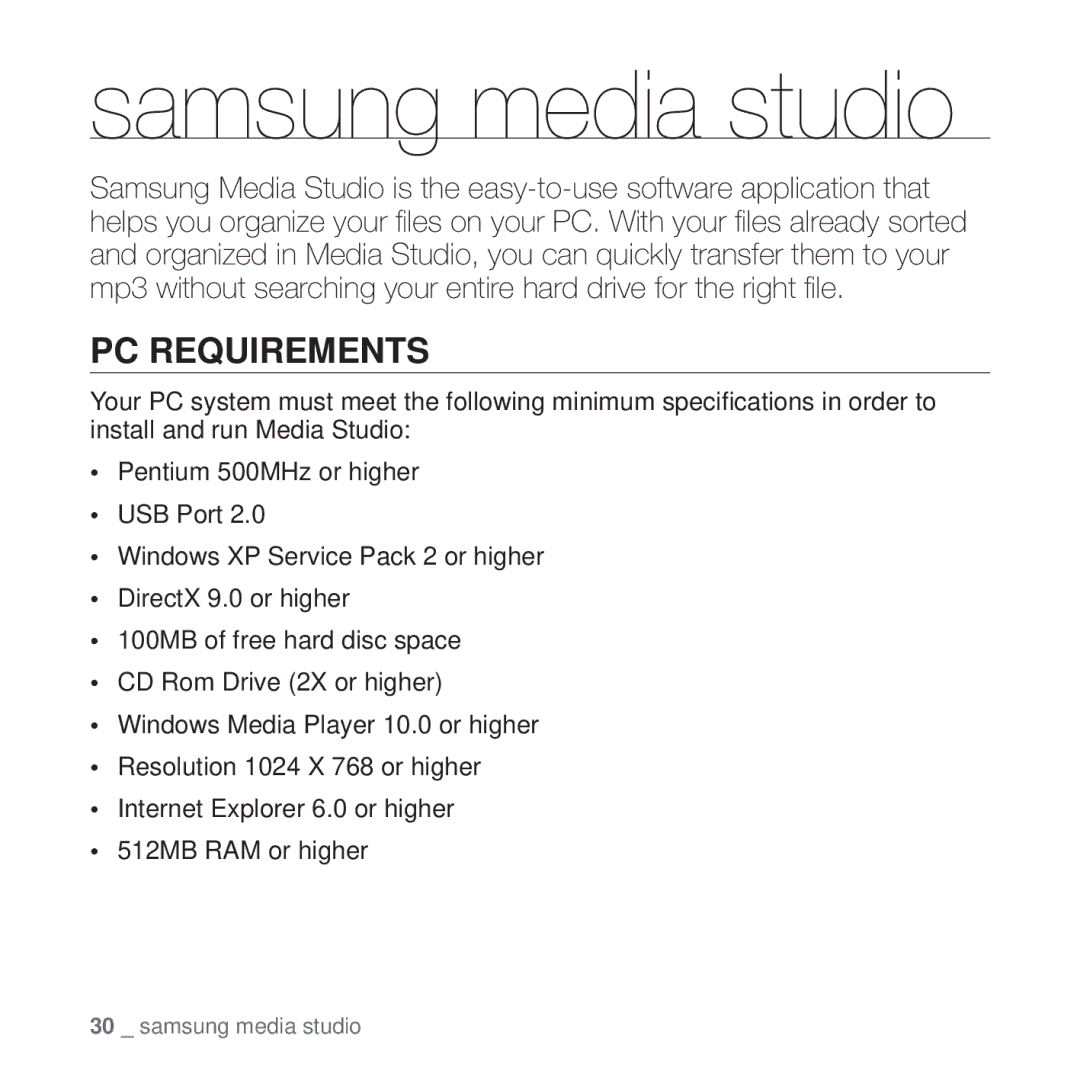 Samsung YP-T10 user manual Samsung media studio, PC Requirements 