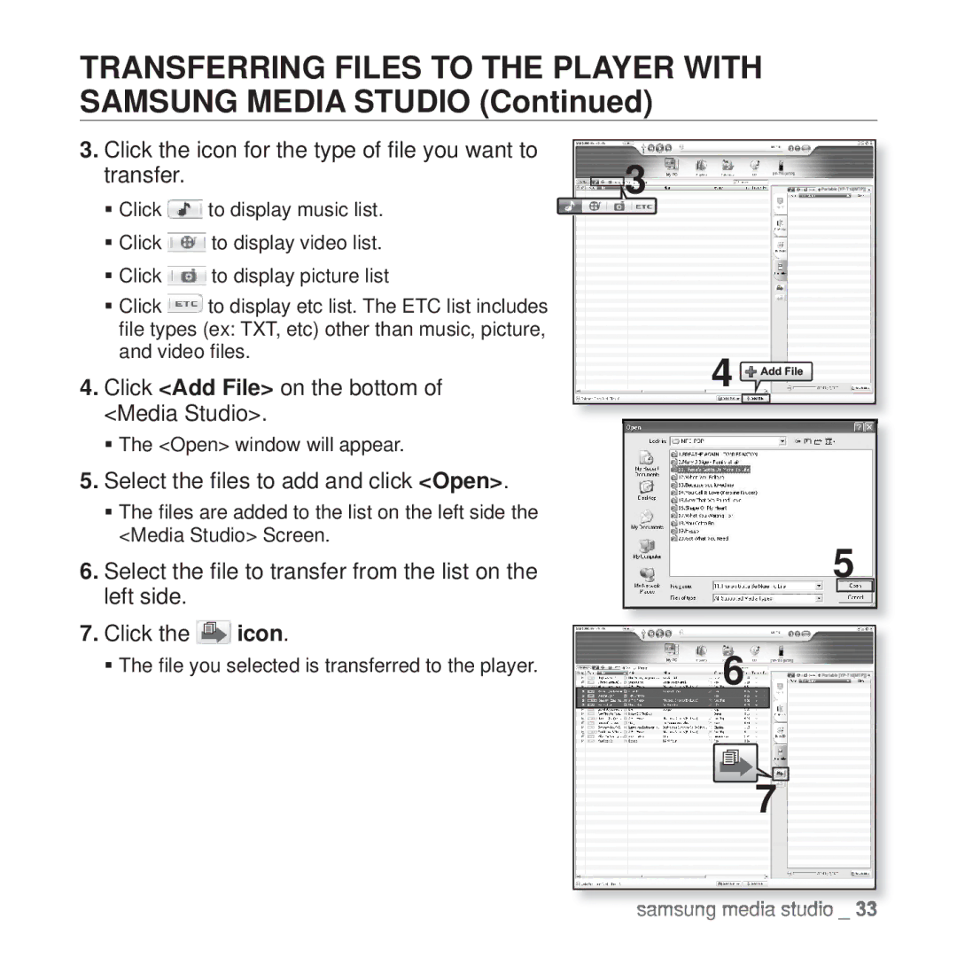 Samsung YP-T10 Transferring Files to the Player with Samsung Media Studio, Click Add File on the bottom of Media Studio 