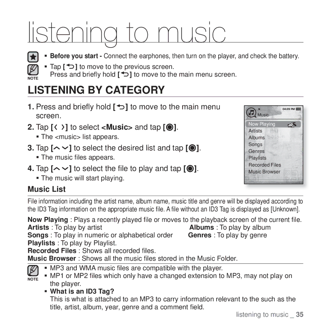 Samsung YP-T10 user manual Listening to music, Listening by Category, Tap to select the desired list and tap, Music List 