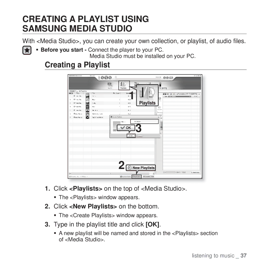 Samsung YP-T10 user manual Creating a Playlist Using Samsung Media Studio, Click Playlists on the top of Media Studio 