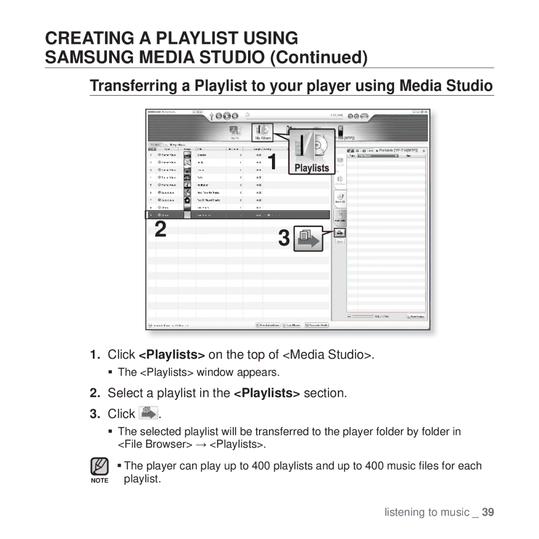 Samsung YP-T10 Creating a Playlist Using, Samsung Media Studio, Transferring a Playlist to your player using Media Studio 