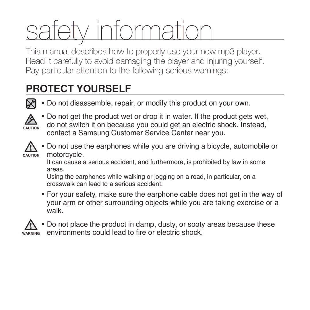 Samsung YP-T10 user manual Protect Yourself 