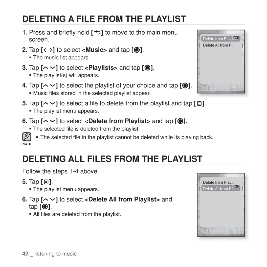 Samsung YP-T10 user manual Deleting a File from the Playlist, Deleting ALL Files from the Playlist 