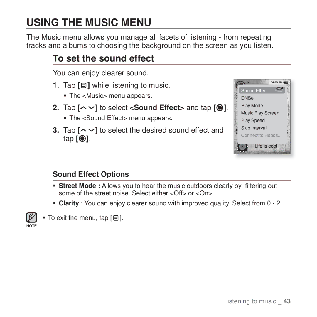 Samsung YP-T10 user manual Using the Music Menu, To set the sound effect, Sound Effect Options 