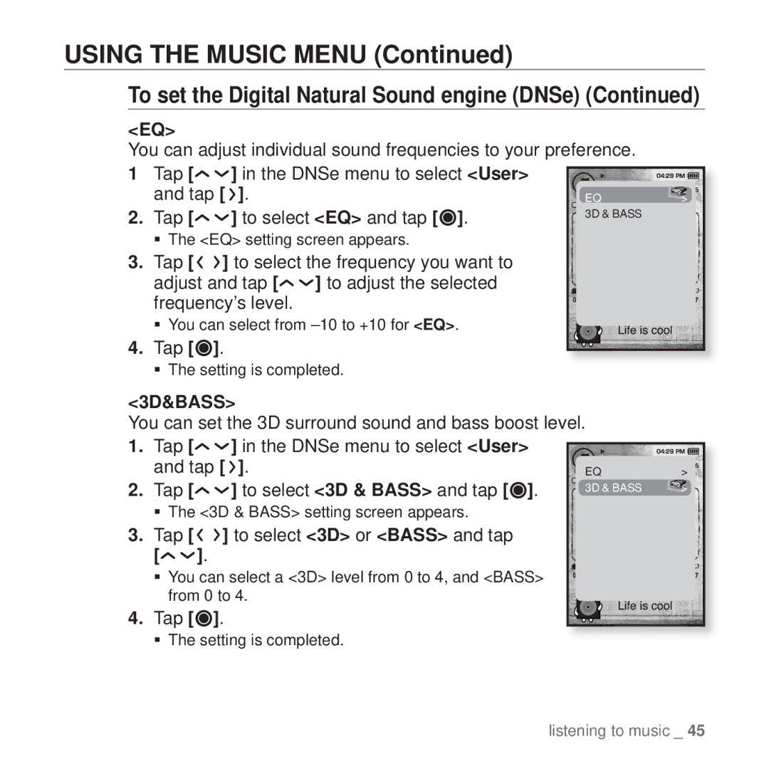 Samsung YP-T10 user manual 3D&BASS, Tap to select 3D or Bass and tap 