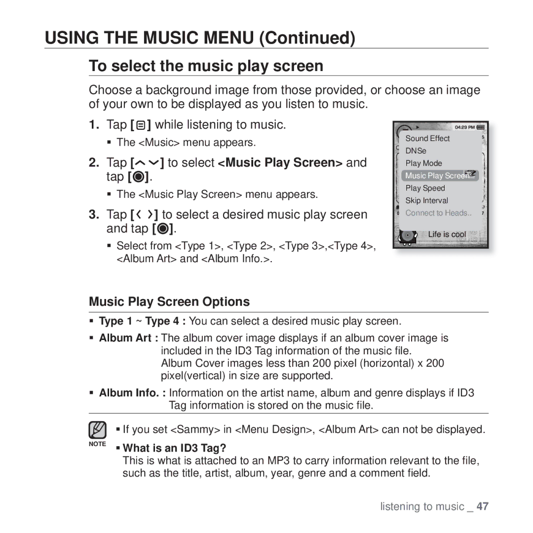 Samsung YP-T10 To select the music play screen, Tap to select Music Play Screen and tap, Music Play Screen Options 