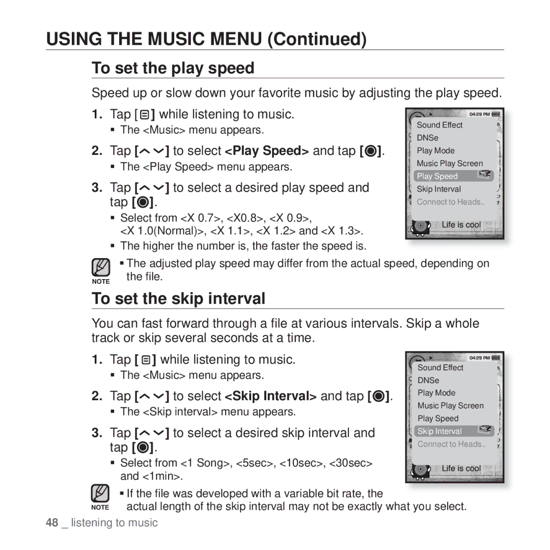 Samsung YP-T10 user manual To set the play speed, To set the skip interval 