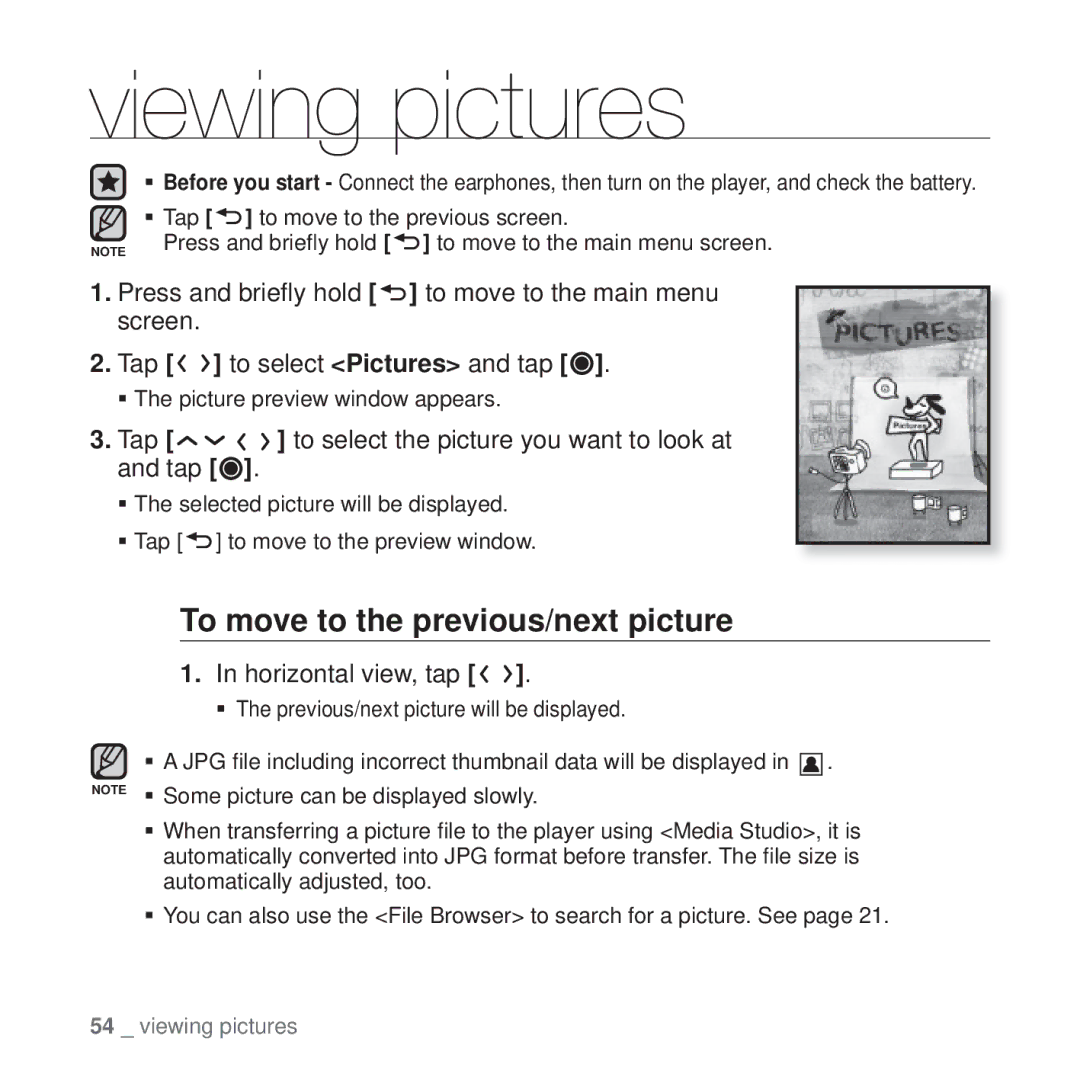 Samsung YP-T10 user manual Viewing pictures, To move to the previous/next picture, Horizontal view, tap 