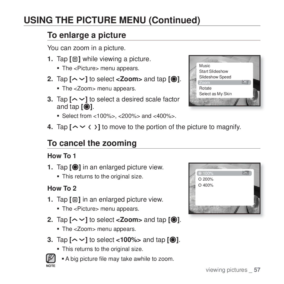 Samsung YP-T10 user manual To enlarge a picture, To cancel the zooming 