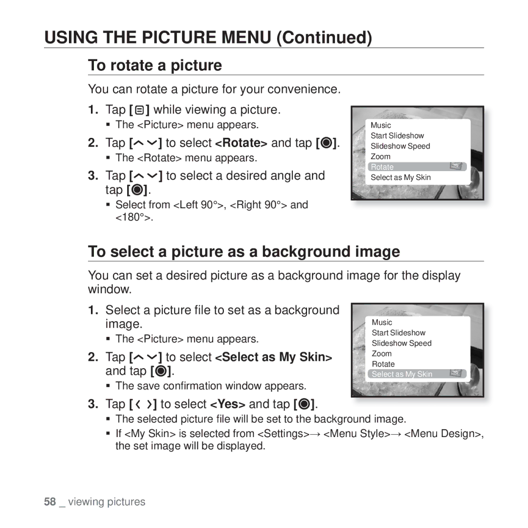 Samsung YP-T10 user manual To rotate a picture, To select a picture as a background image, Tap to select Rotate and tap 