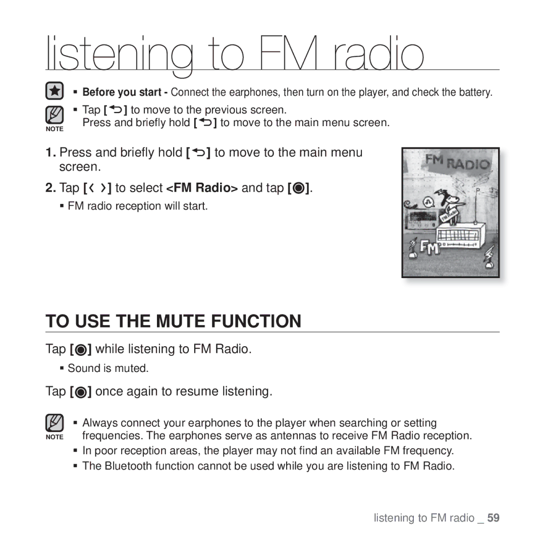 Samsung YP-T10 user manual Listening to FM radio, To USE the Mute Function, Tap while listening to FM Radio 