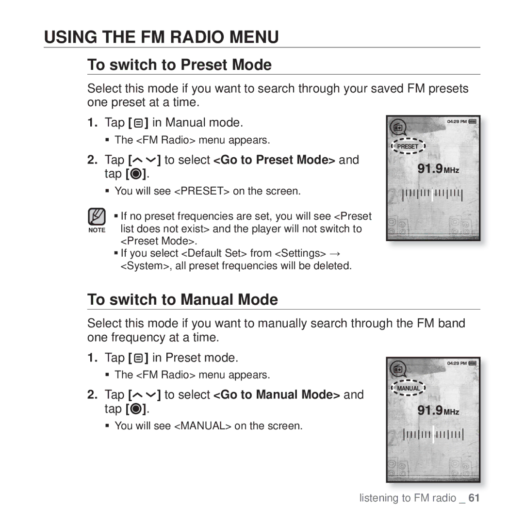 Samsung YP-T10 user manual Using the FM Radio Menu, To switch to Preset Mode, To switch to Manual Mode 