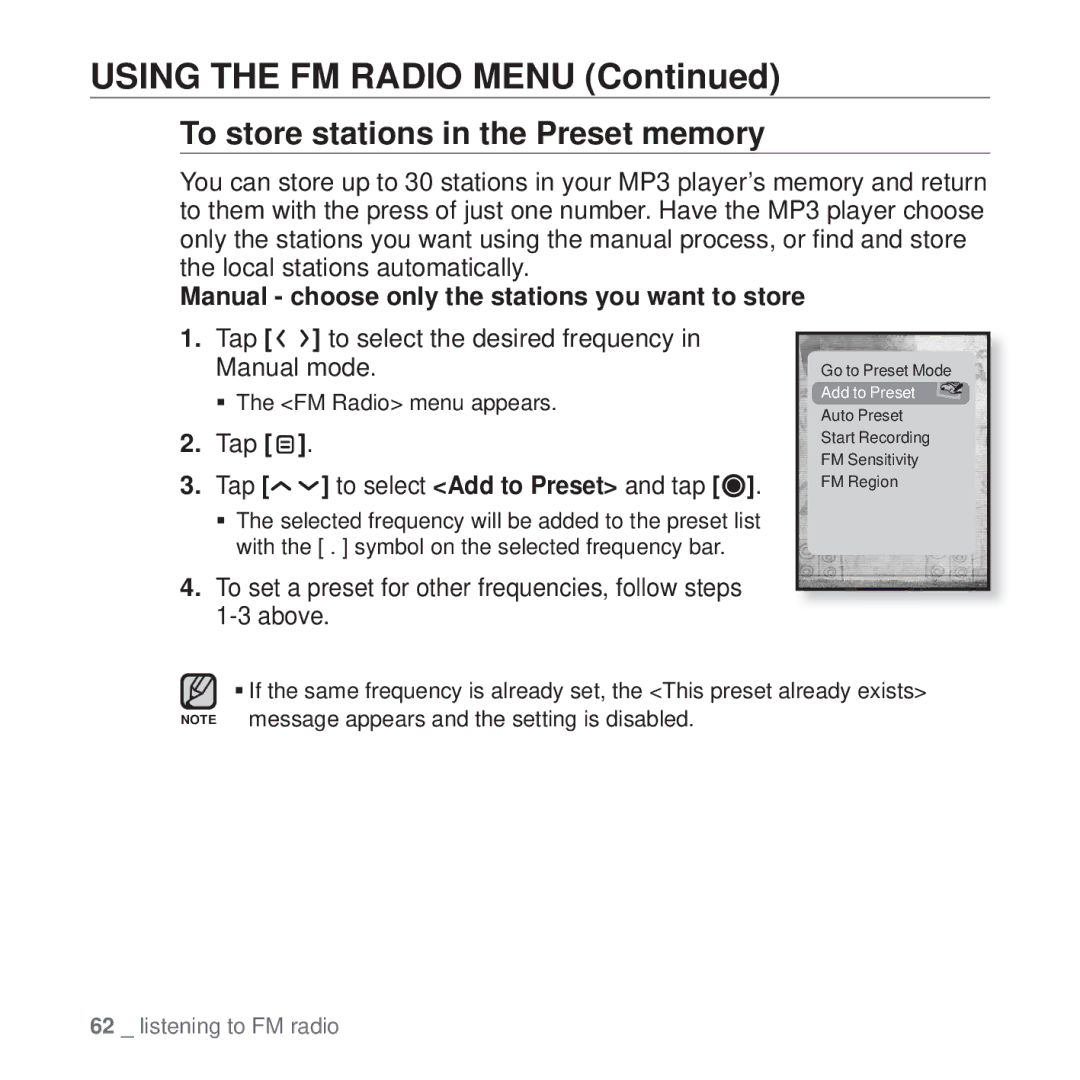 Samsung YP-T10 user manual Using the FM Radio Menu, To store stations in the Preset memory 