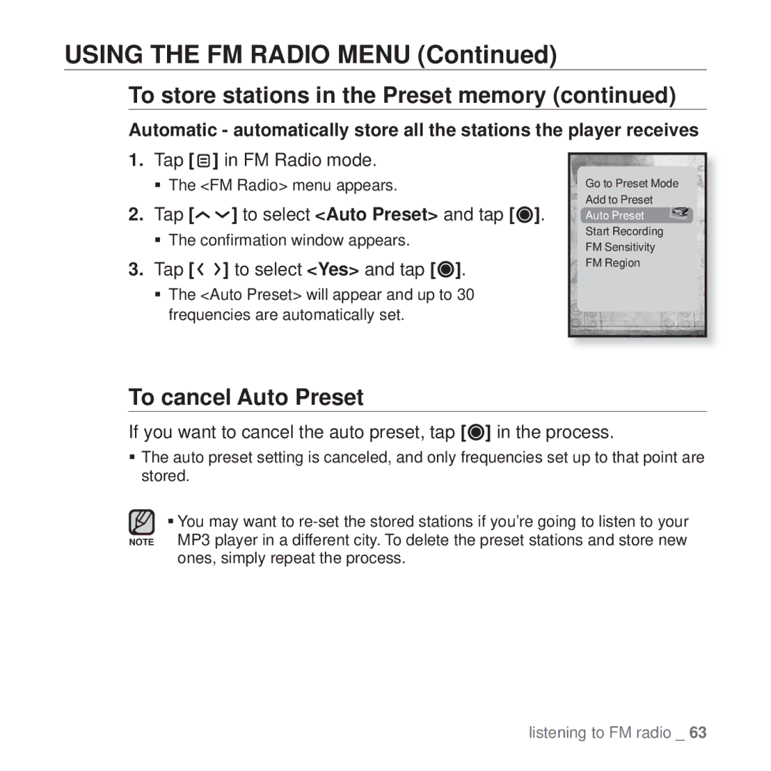 Samsung YP-T10 user manual To cancel Auto Preset, Tap in FM Radio mode, Tap to select Auto Preset and tap 