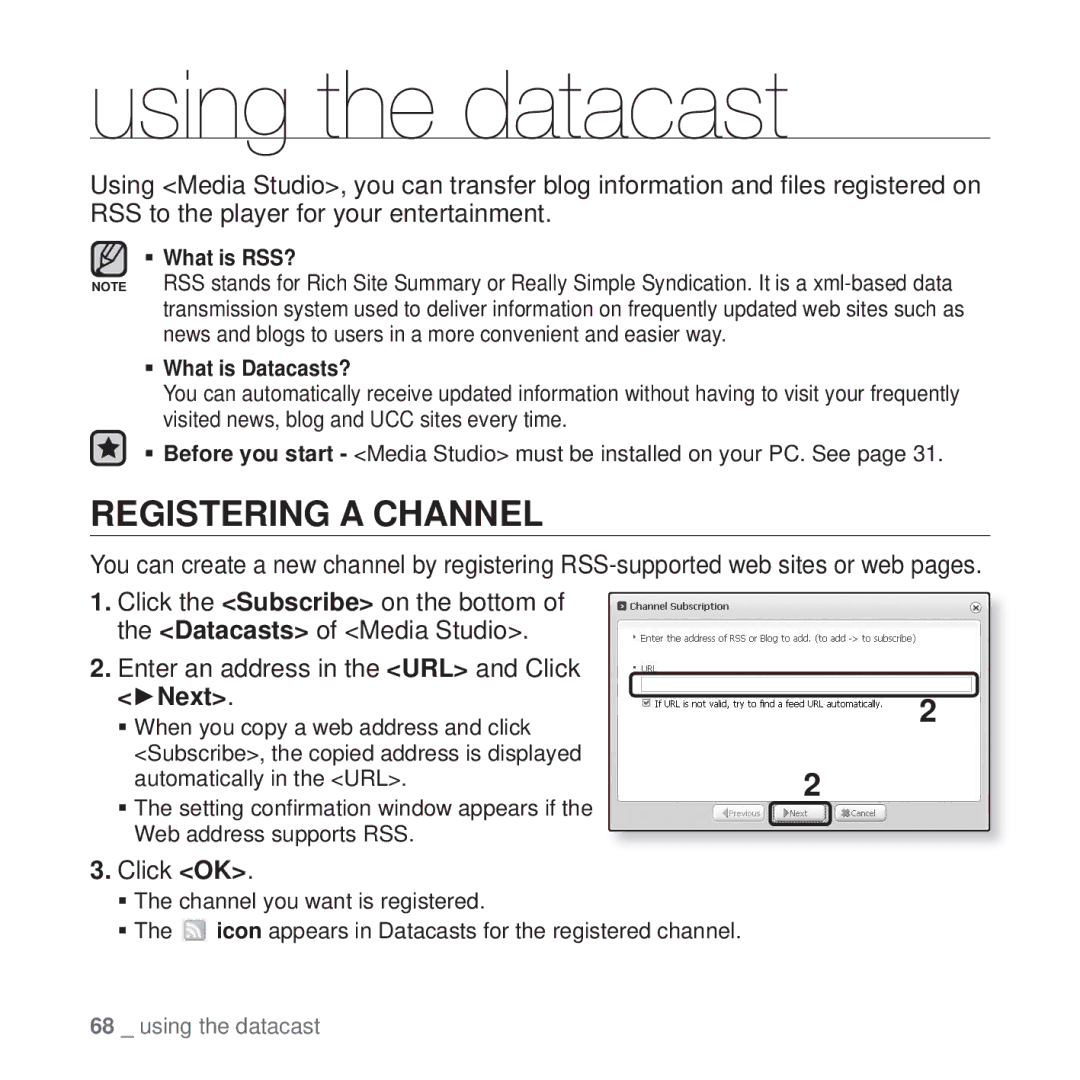 Samsung YP-T10 user manual Using the datacast, Registering a Channel, ŹNext, Click OK 