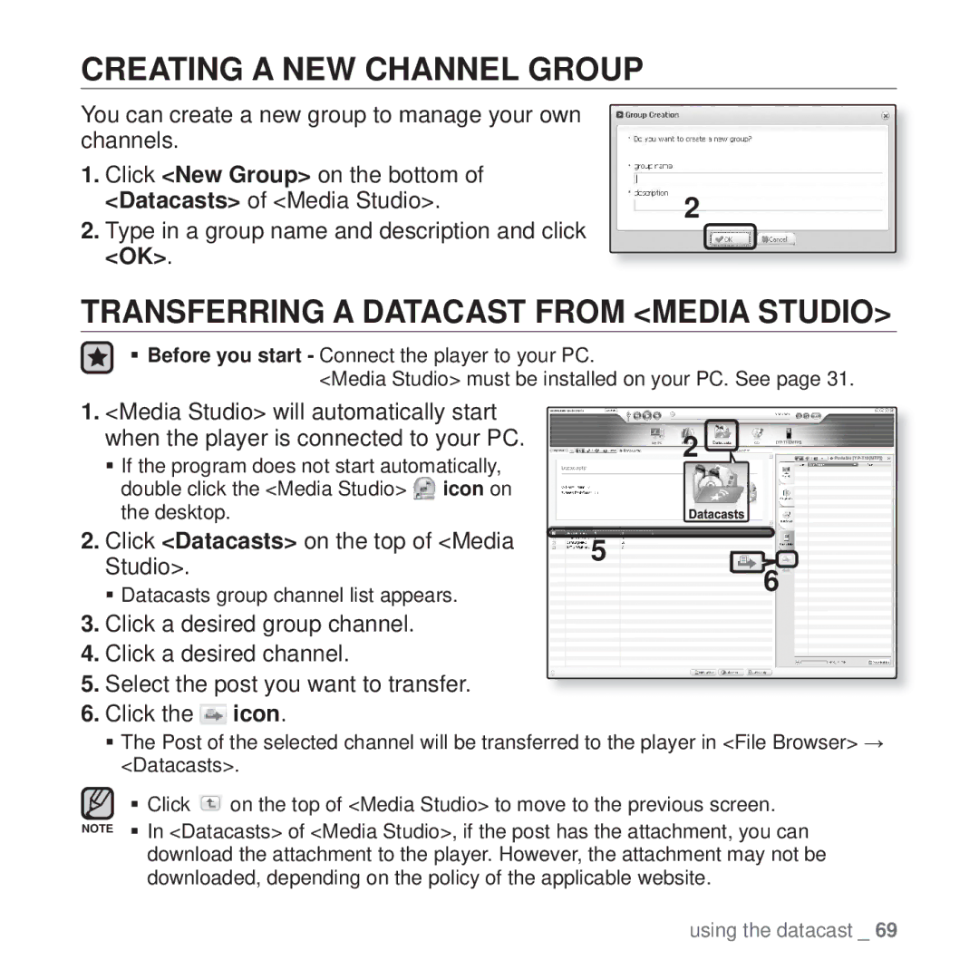 Samsung YP-T10 Creating a NEW Channel Group, Transferring a Datacast from Media Studio, Datacasts of Media Studio 