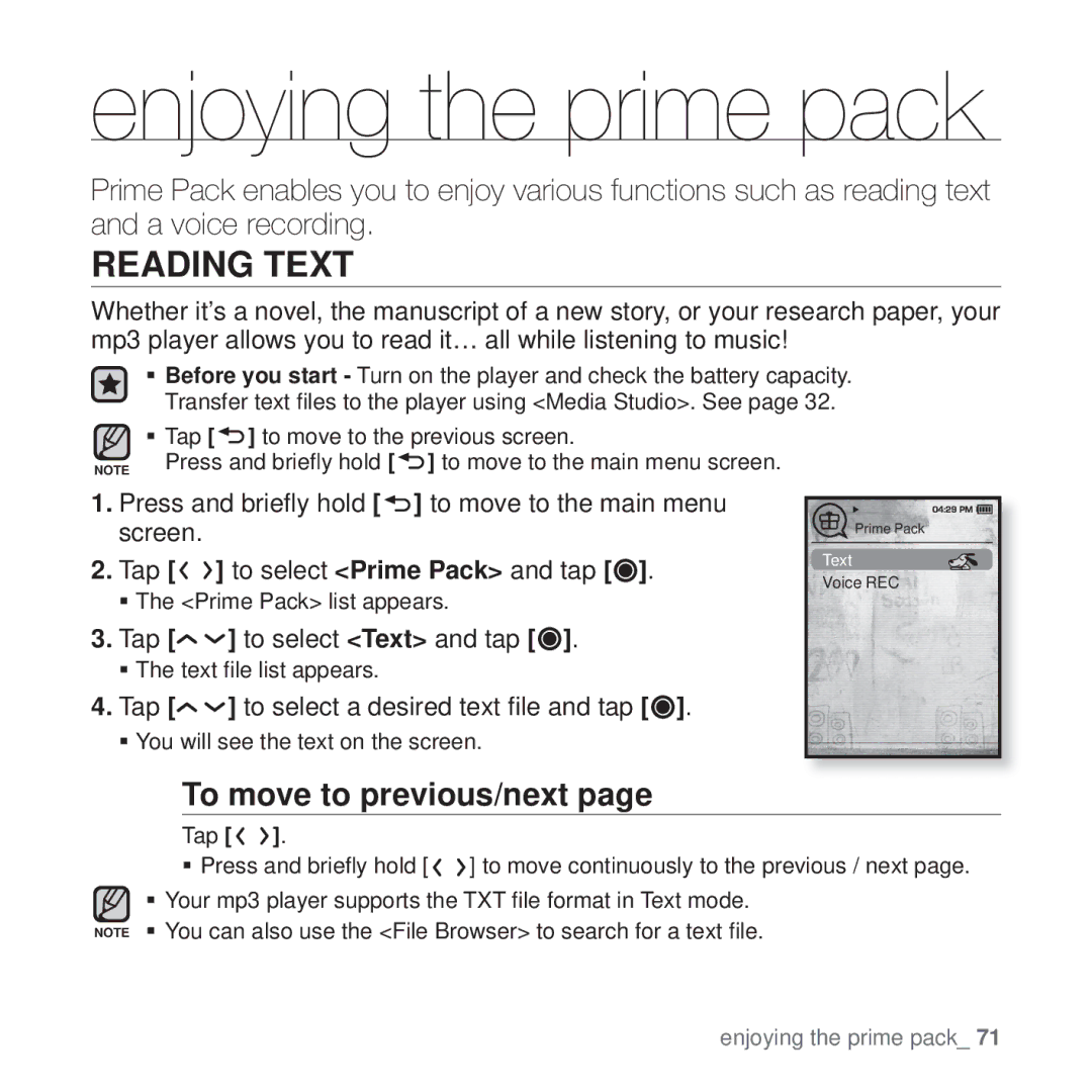 Samsung YP-T10 Enjoying the prime pack, Reading Text, To move to previous/next, Tap to select Prime Pack and tap 