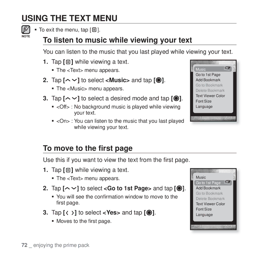 Samsung YP-T10 user manual Using the Text Menu, To listen to music while viewing your text, To move to the ﬁrst 