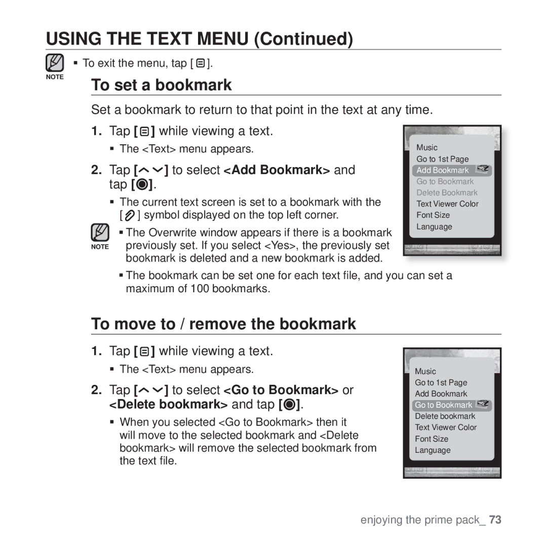 Samsung YP-T10 user manual Using the Text Menu, To set a bookmark, To move to / remove the bookmark 