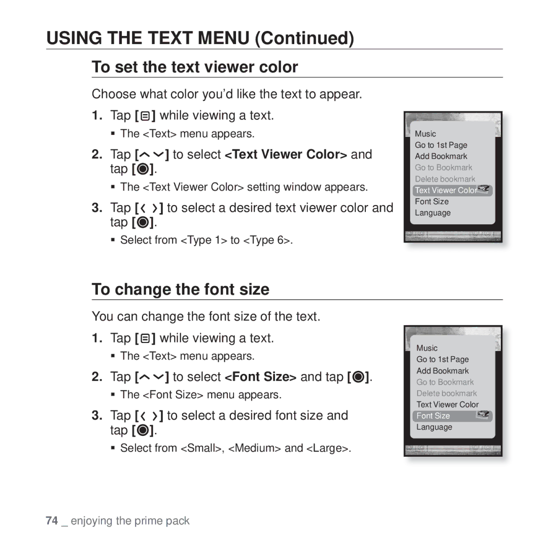 Samsung YP-T10 user manual To set the text viewer color, To change the font size, Tap to select Text Viewer Color and tap 