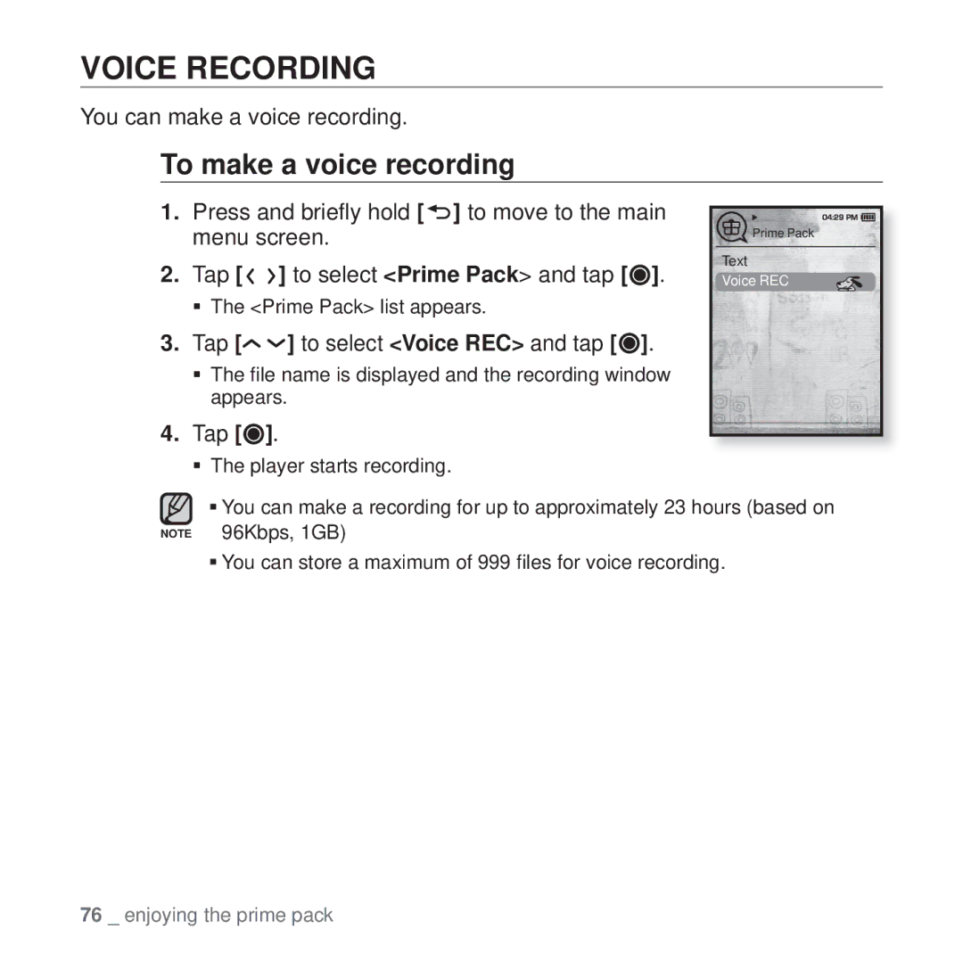 Samsung YP-T10 Voice Recording, To make a voice recording, You can make a voice recording, Tap to select Voice REC and tap 