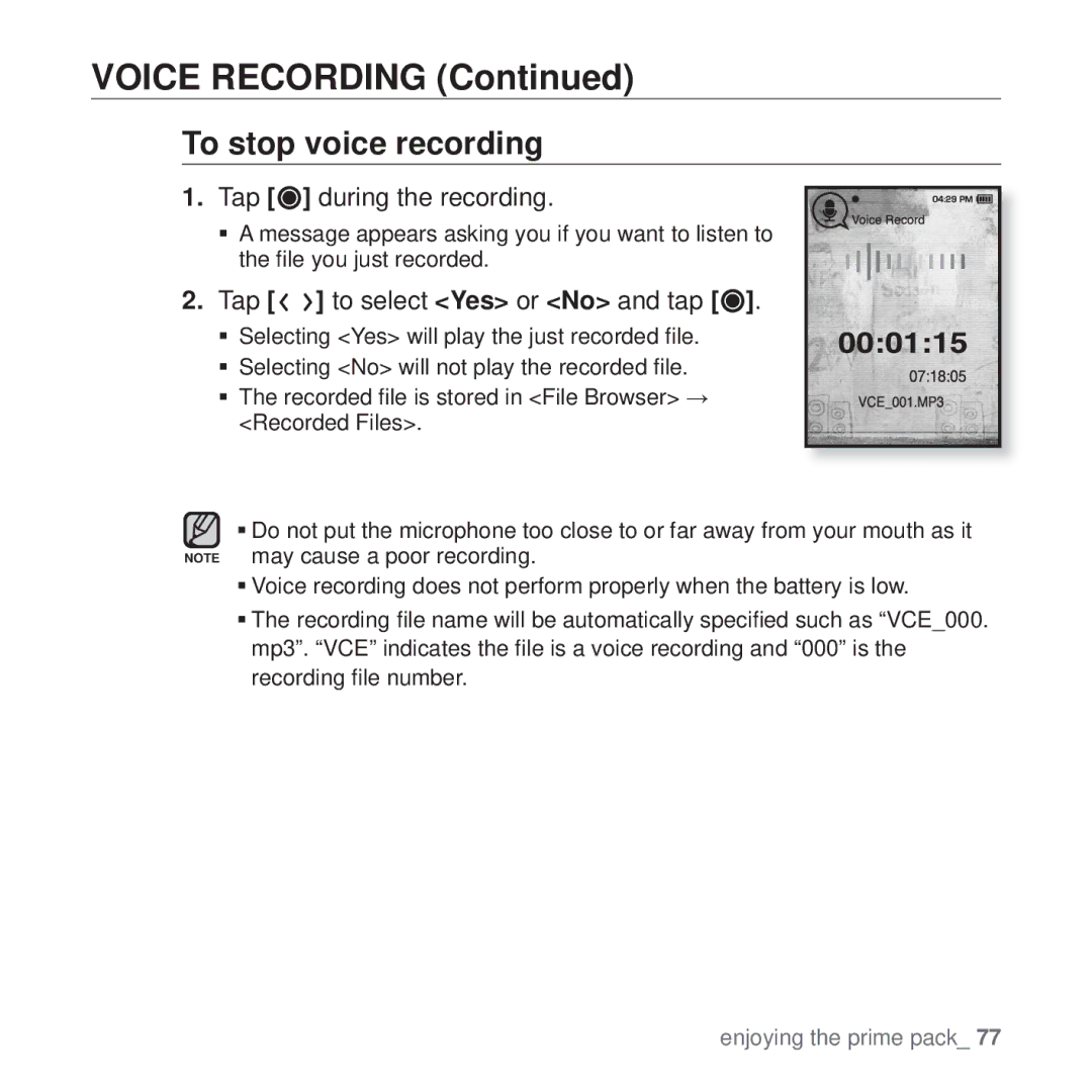 Samsung YP-T10 user manual Voice Recording, To stop voice recording 