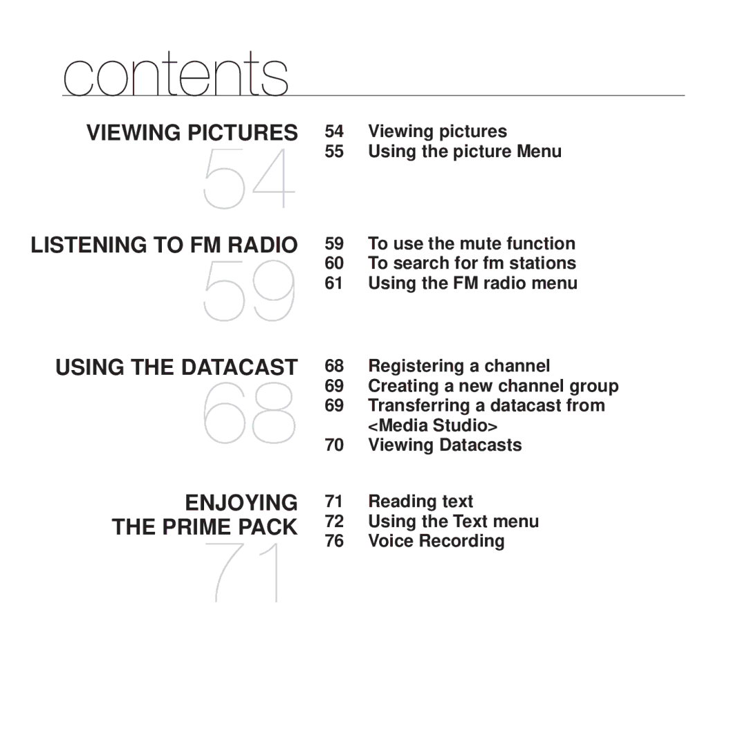 Samsung YP-T10 user manual Viewing pictures Using the picture Menu, Registering a channel, Media Studio, Viewing Datacasts 