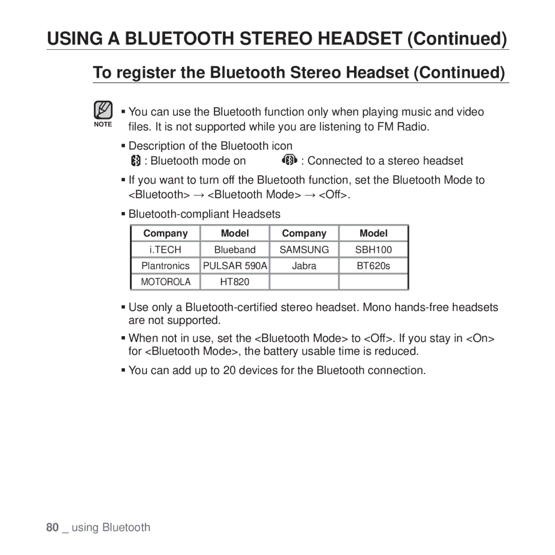 Samsung YP-T10 user manual Using a Bluetooth Stereo Headset 