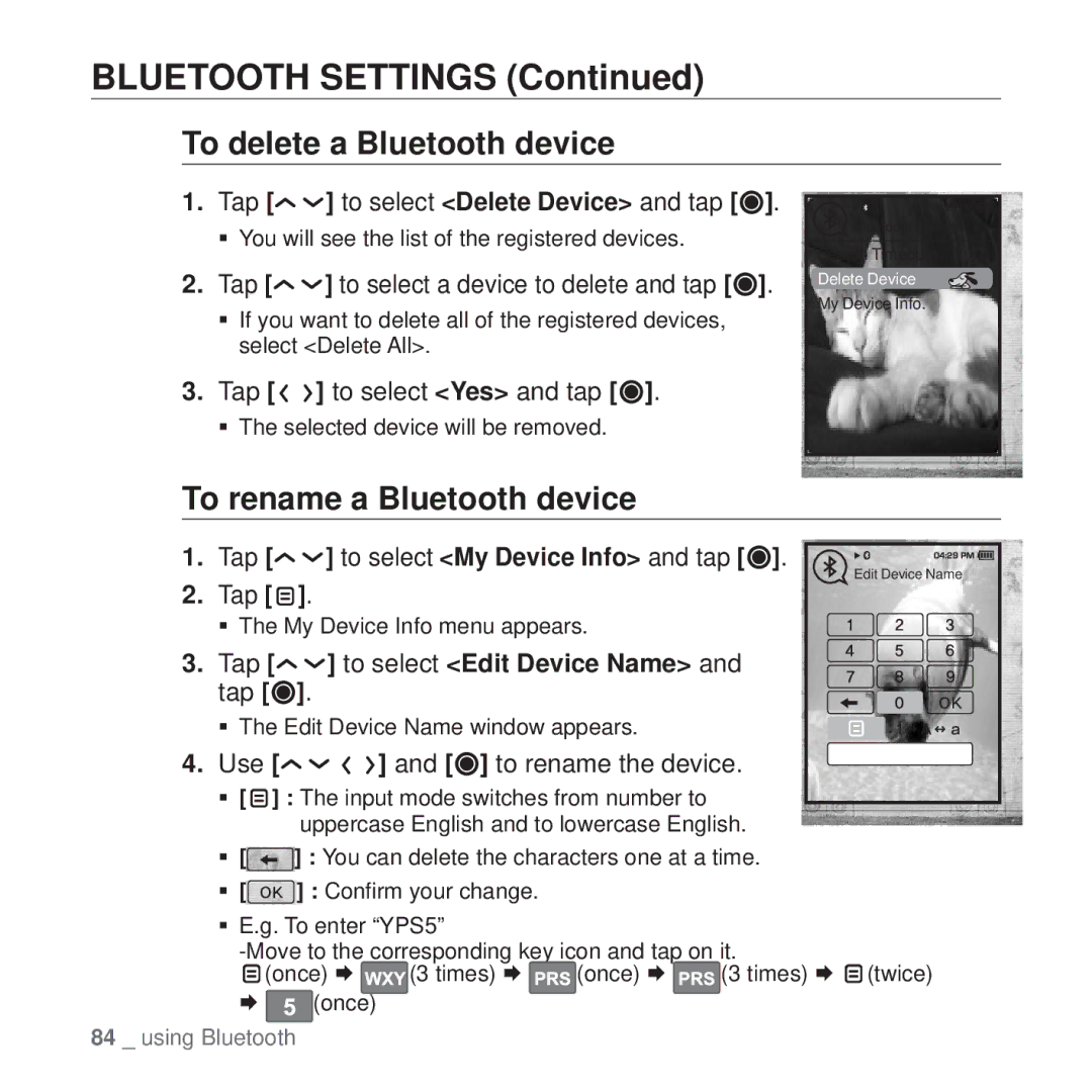 Samsung YP-T10 user manual Bluetooth Settings, To delete a Bluetooth device, To rename a Bluetooth device 