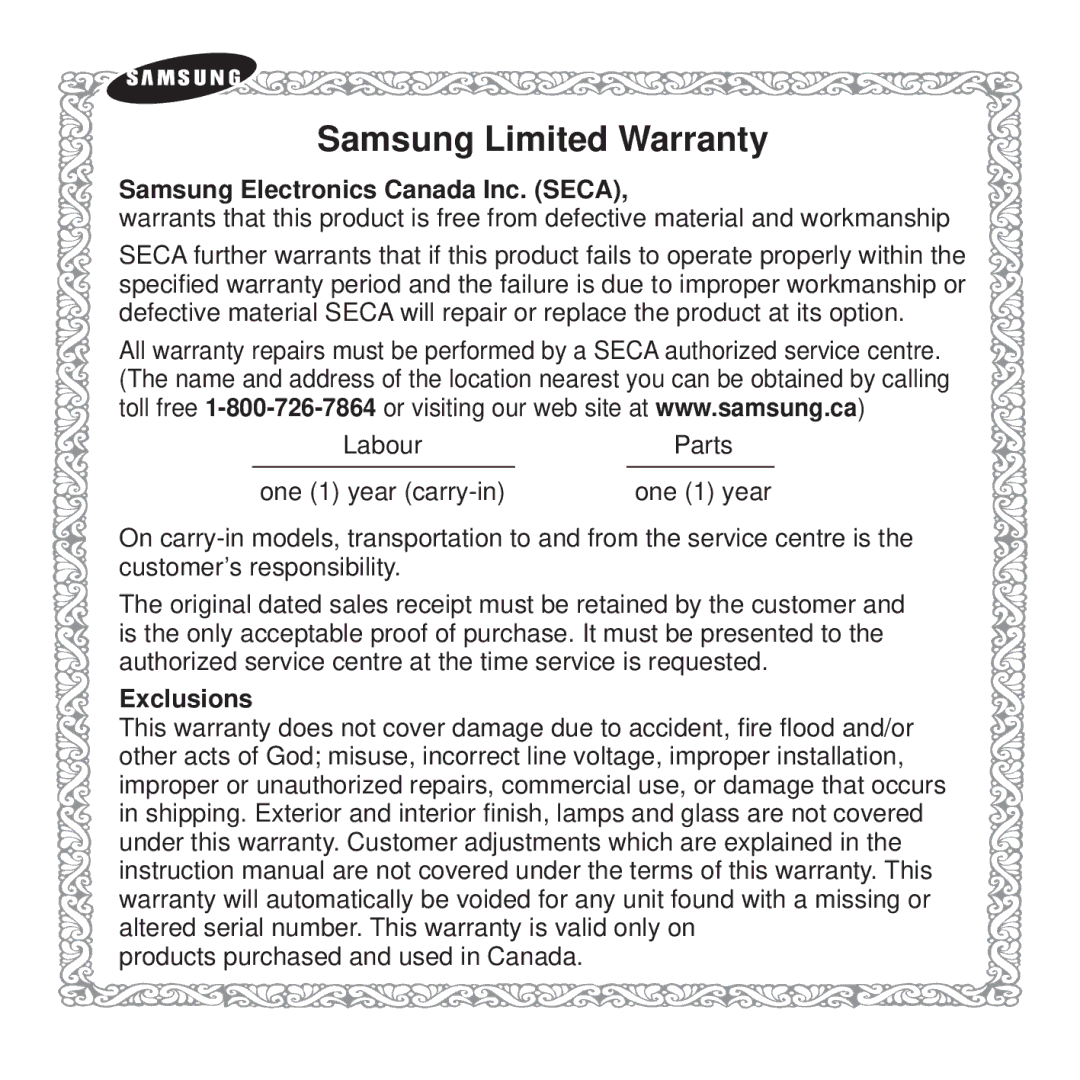 Samsung YP-T10 Samsung Limited Warranty, Samsung Electronics Canada Inc. Seca, LabourParts One 1 year carry-in, Exclusions 